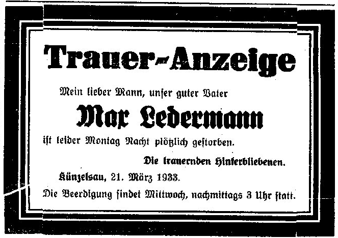 Obituary from 21. March 1933 in the "Kocher und Jagst Bote"